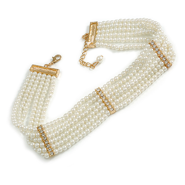 6-Strand White Coloured Faux Pearl Bridal Diamante Choker Necklace in Gold Plated Metal - 30cm L/ 5cm Ext - main view