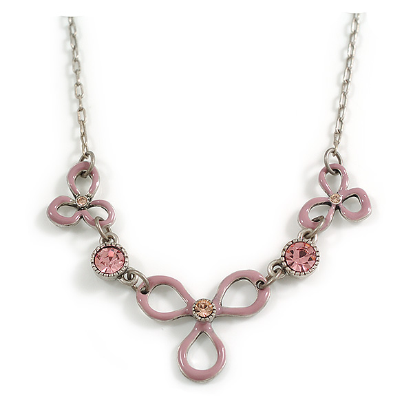 Vintage Inspired Pink Enamel Floral Necklace In Pewter Tone - 36cm L/ 6cm Ext - main view