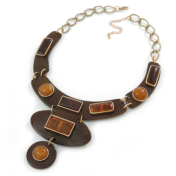 Statement Resin Stations Snake Pattern Amber Style Stone Collar Necklace In Gold Tone - 42cm L/ 8cm Ext - main view