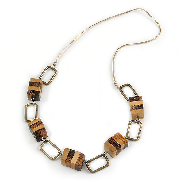 Statement Brown/ Natural Wood Bead and Bronze Square Metal Link Gold Cord Necklace - 76cm L - main view