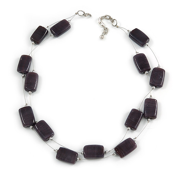 Two Strand Square Plum/ Purple Glass Bead Silver Tone Wire Necklace - 48cm L/ 5cm Ext - main view