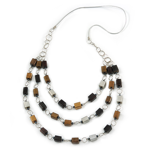 Multi-layered Wood Bead Rubber Cord Necklace (Bronze/ Black/ Silver) - 86cm L - main view