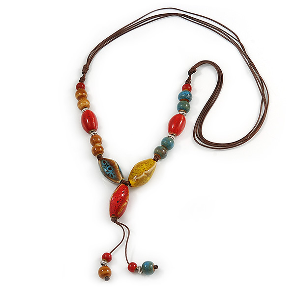 Long Dusty Yellow/ Blue/ Red/ Brown Ceramic Bead Tassel Cord Necklace - 60cm to 80cm Long (Adjustable) - main view