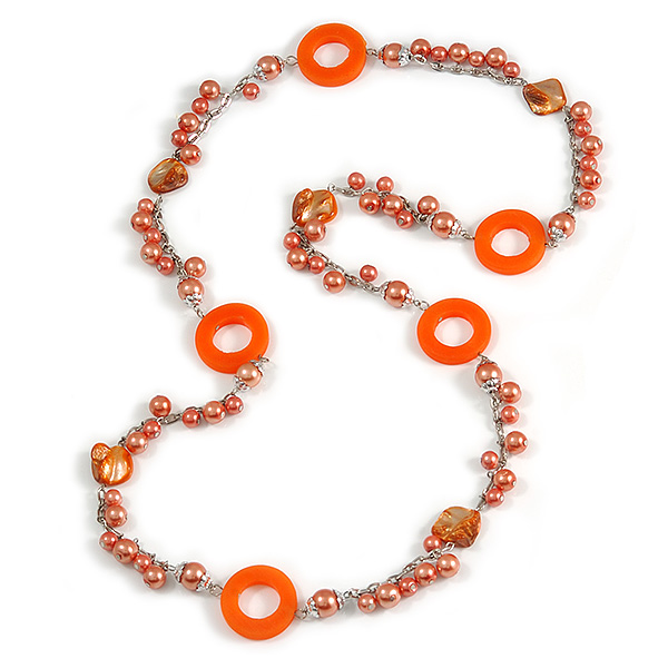 Long Peach Orange Pearl, Shell and Resin Ring with Silver Tone Chain Necklace - 104cm Long - main view