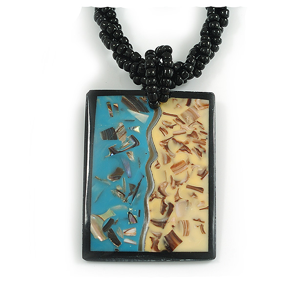 Rectangular Shell Pendant with Black Beaded Twisted Cord Necklace in Black/Teal/Yellow Colours - 44cm Long - main view