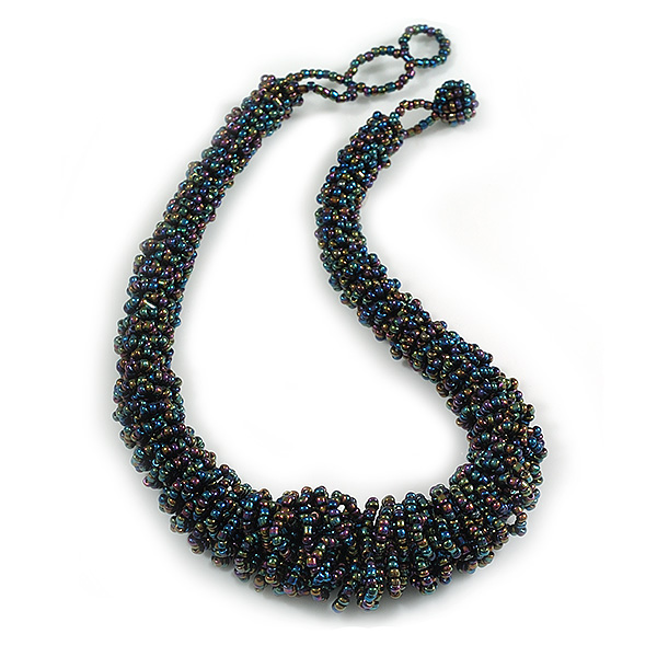 Peacock Eco-Friendly Glass Seed Beaded Chunky Necklace with Button and Loop Closure – 44cm Long with 5cm Extender - main view