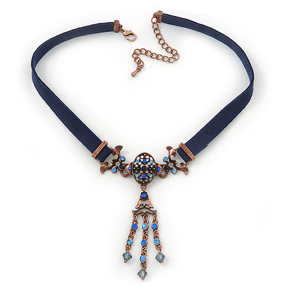 Victorian Dark Blue Suede Style Diamante Choker Necklace In Bronze Tone Metal - 34cm Length with 7cm extension - main view