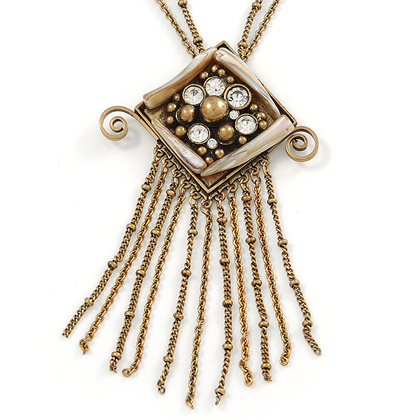Vintage Inspired Square Tassel Pendant with Double Chain Necklace In Antitque Gold Tone - 68cm L/ 6cm Ext - main view