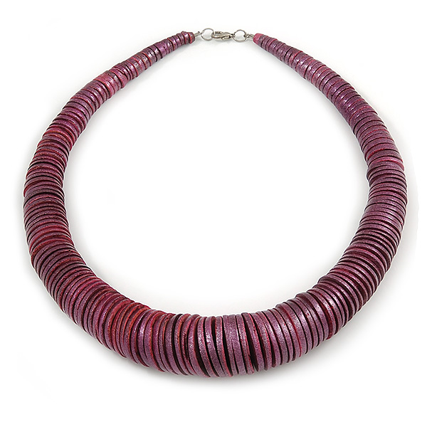 Chunky Glittering Purple Coin Shape Wood Bead Necklace - 56cm L - main view