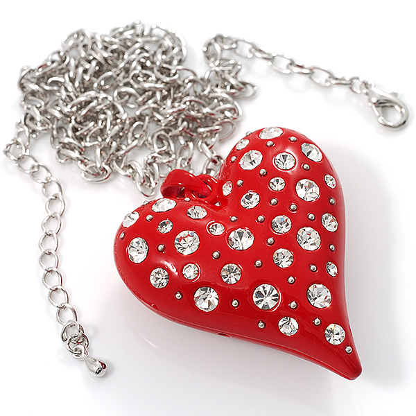 Red Metal Puffed Heart Long Costume Pendant - main view