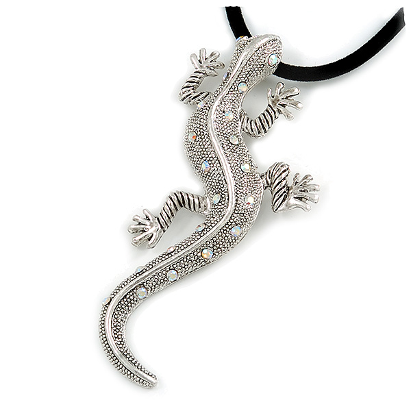 Antique Silver Crystal Lizard Velour Cord Pendant - main view