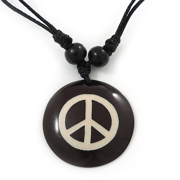 Unisex Black/ White Resin Medallion 'Peace' Cotton Cord Pendant - Adjustable - main view