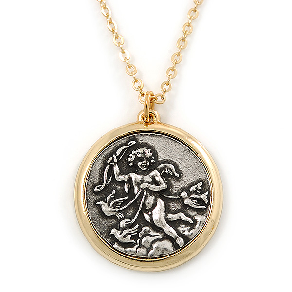 Two Tone 'Angel' Medallion Pendant With Gold Tone Chain - 40cm L/ 5cm Ext - main view