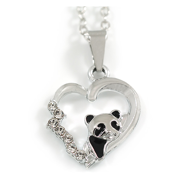 Small Open Heart with Panda Bear Pendant with Silver Tone Chain - 42cm L/ 5cm Ext - main view