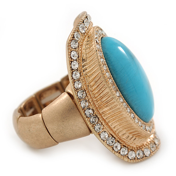 Turquoise Style Resin, Diamante Oval Flex Ring In Brushed Gold Finish - 37mm