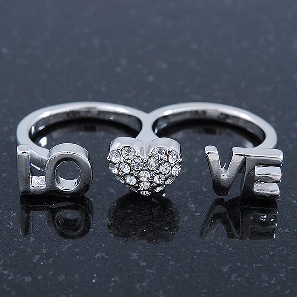 Rhodium Plated Double Finger Diamante 'Love & Heart' Ring - Size 7&8 - main view