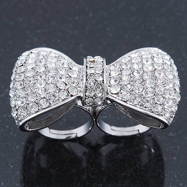 Large Clear Austrian Crystal Pave Set 'Bow' Two Finger Ring In Rhodium Plating - 50mm Across - Adjustable - main view