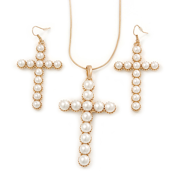 Large Faux Pearl Cross Pendant With 74cm L/ 6cm Ext Gold Tone Chain & Drop Earrings - - main view