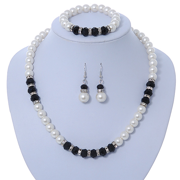Classic 9mm Glass Pearl, Black Crystal Bead Necklace, Flex Bracelet & Drop Earrings Set - 42cm Length/ 4cm Extension - main view