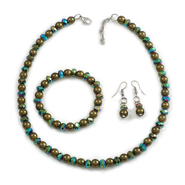 8mm/Pine Green Glass Bead and Uniform Green Faux Pearl Necklace/Flex Bracelet/Drop Earrings Set - 43cm L/4cm Ext - main view