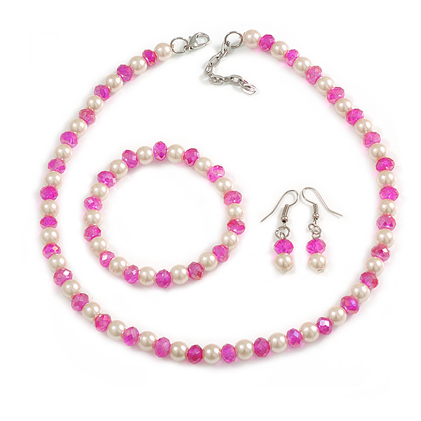 8mm/Fuchsia Glass Bead and White Faux Pearl Necklace/Flex Bracelet/Drop Earrings Set - 43cmL/4cm Ext - main view