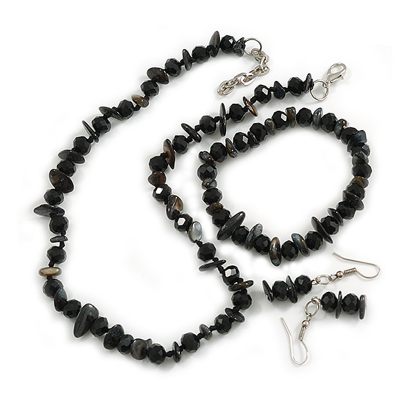 Black Glass/Dark Grey Shell Necklace/ Flex Bracelet (Size M) / Drop Earrings Set - 40cm L/5cm Ext - main view